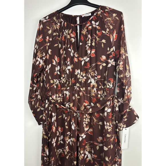 NWT Calvin Klein Floral Keyhole Maxi Dress Size 14 Burgundy Boho Peasant Folk - Picture 4 of 12